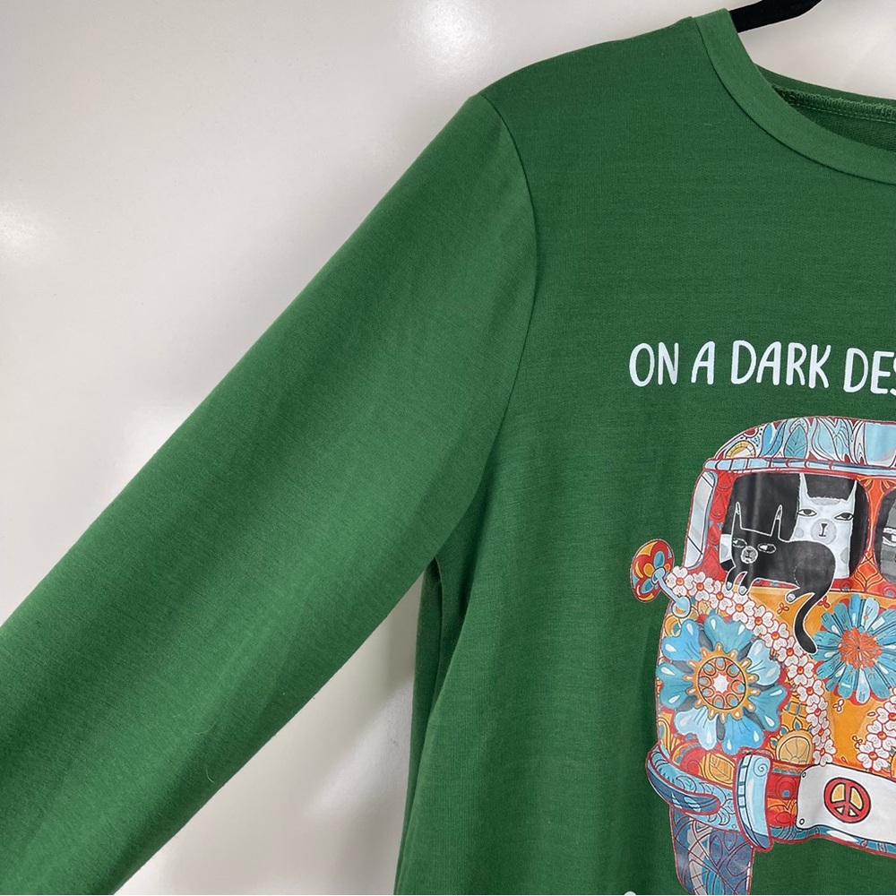 Boho Green Graphic Sweatshirt Cat Lover Van Peace Sign Retro Pullover Medium - Picture 4 of 7